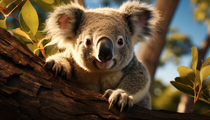 Obraz premium Cute koala sitting on branch, looking at camera generated by AI