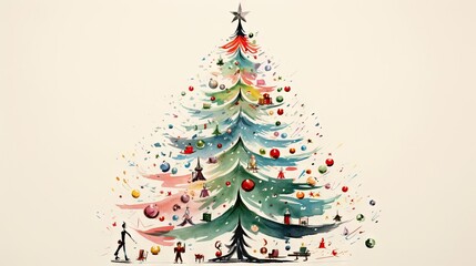  a watercolor painting of a christmas tree with people around it and a star on the top of the tree.