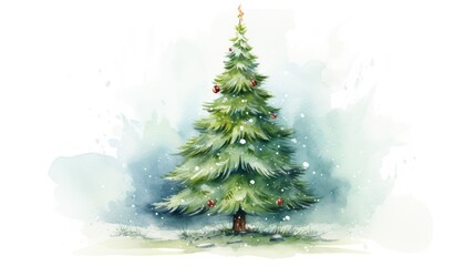  a watercolor painting of a christmas tree with a star on it's top and berries on it's bottom.