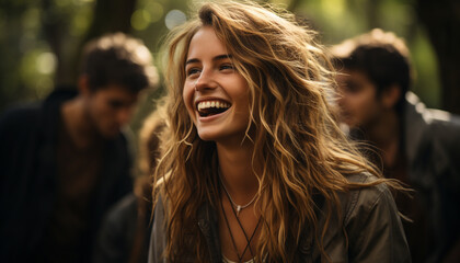 Fototapeta premium Smiling men and women, happiness in young adult lifestyles outdoors generated by AI