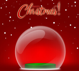 Christmas card on red background, glass dome over green podium. Beautiful holiday illustration, snow, congratulatory text, merry christmas. Festive background with space for copy