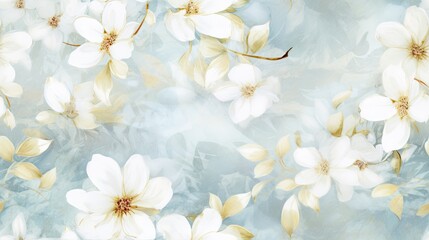  a picture of a bunch of flowers on a blue and white background that looks like something out of a painting.
