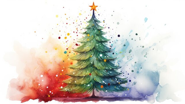  a watercolor painting of a christmas tree with a star on it's top and a red, yellow, green, and blue background.