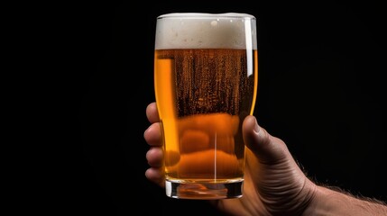 real hand holding a glass of beer against a black background