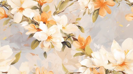  a painting of white and orange flowers on a blue and beige background with green leaves and stems on the left side of the picture.