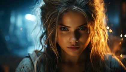 Naklejka premium A beautiful young woman with long brown hair, looking at camera generated by AI