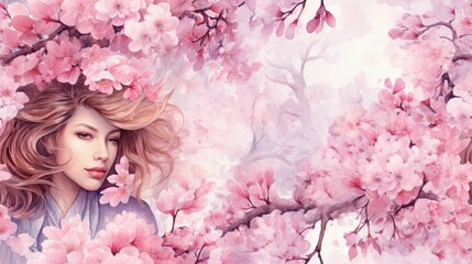  a painting of a woman with long hair and pink flowers in her hair, standing in front of a tree with pink blossoms.