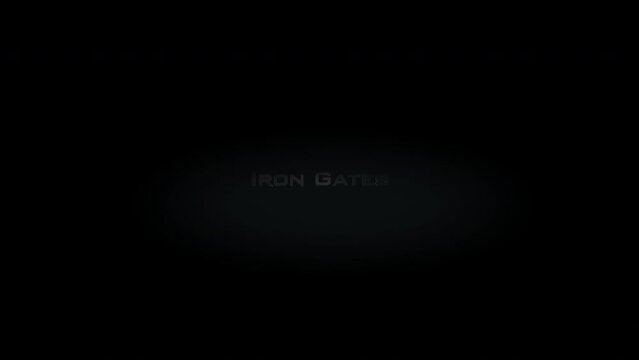 Iron Gates 3D title word made with metal animation text on transparent black