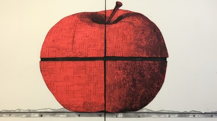  a drawing of a red apple on a white wall with a black strip across the middle of the picture and a black strip across the top of the picture.