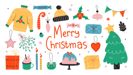 Set of Cute Merry Christmas and Happy New Year Illustrations or stickers. Festive christmas characters and objects. Vector stock illustration on isolated white background. Gift, holiday tree, tree toy