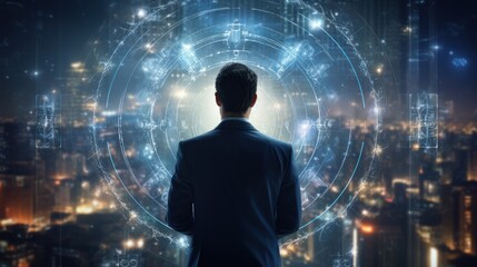 Fototapeta premium Back view of businessman against media interface against night city panoramic view