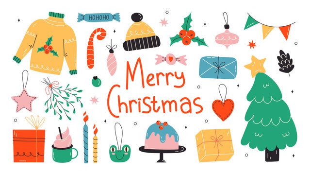 Set of Cute Merry Christmas and Happy New Year Illustrations or stickers. Festive christmas characters and objects. Vector stock illustration on isolated white background. Gift, holiday tree, tree toy