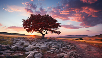 Silhouette of tree against colorful twilight sky generated by AI