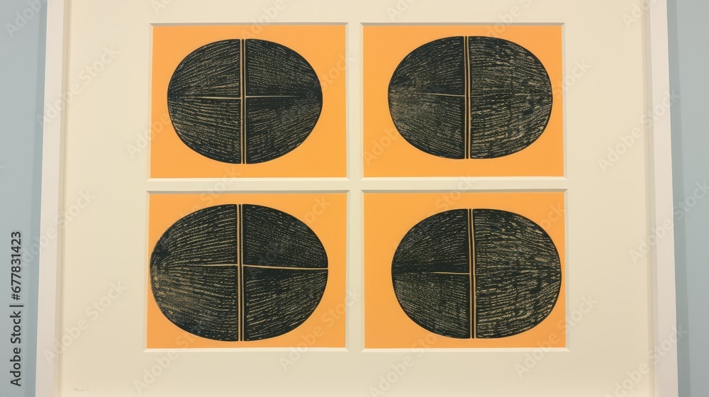 Poster four black circles on a yellow background in a white frame with a white border on the bottom of the 