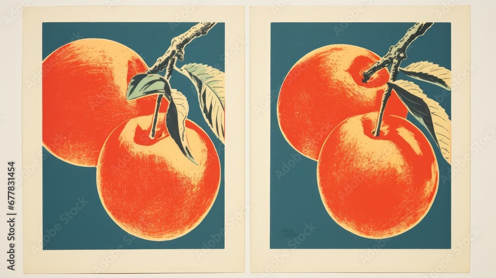 Poster a pair of oranges on a blue background with a green stem and two oranges on the opposite side of the