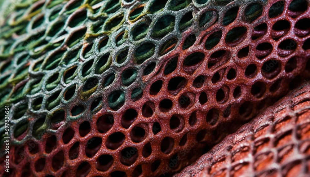Poster multi colored fish in a row swim through a netting hole generated by ai