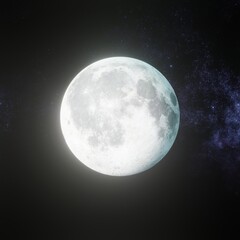 Bright full super moon glowing with pink halo surrounded by stars on black sky background