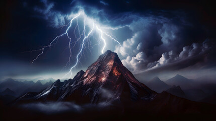 Mountain top in a lightning storm landscape. A mountain with a lightning bolt in the sky - Powered by Adobe