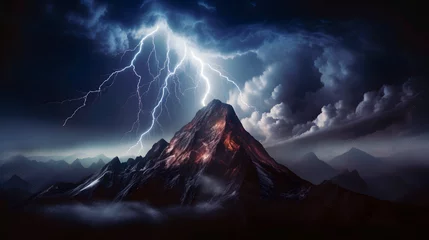 Foto op Canvas Mountain top in a lightning storm landscape. A mountain with a lightning bolt in the sky © FutureStock