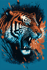 Roaring Tiger Head Graphic Illustration with Dynamic Splash Background
