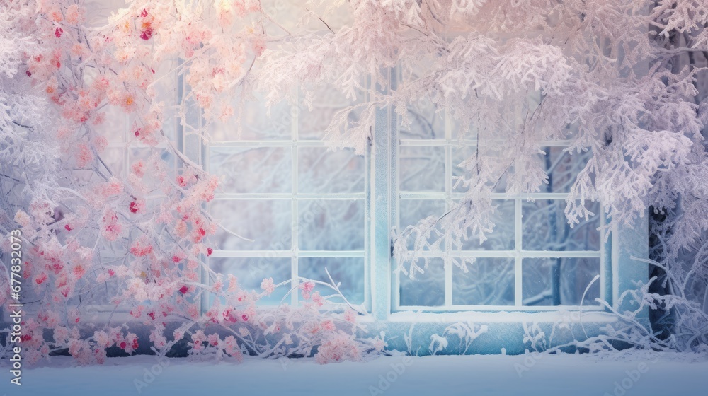Poster a painting of a window with frost on the windowsill and a tree with pink flowers in front of it.