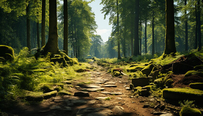 Tranquil scene of green forest with sunlight generated by AI