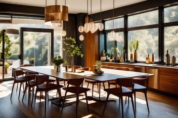 A mid-century modern home's sunlit dining area, with iconic dining furniture and a sense of vintage sophistication