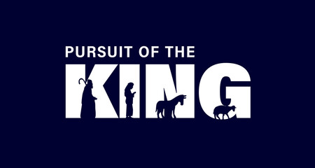 Pursuit of the KING, Christmas card with shepherds. The concept of the nativity scene is shepherds, donkey and sheep in the KING text. Vector illustration