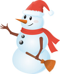 Snowman pointing a branch and holding a broom. 
