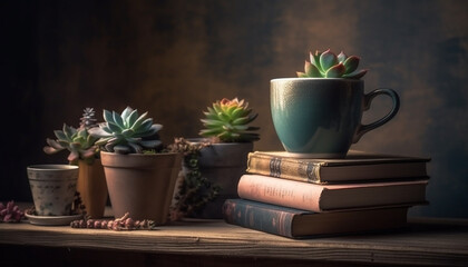 Fresh literature growth on wooden shelf, indoor plant decoration still life generated by AI