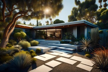 A mid-century modern home's landscaped garden path, surrounded by minimalist landscaping and the classic beauty of the era - obrazy, fototapety, plakaty