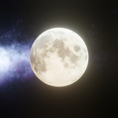 Bright full super moon glowing with pink halo surrounded by stars on black sky background