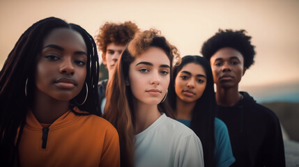 A group of young friends from different races and ethnicities who promote racial diversity and reject any form of discrimination. - obrazy, fototapety, plakaty