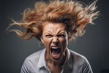Fotobehang Middle age woman crazy and mad shouting and yelling with aggressive expression and arms raised. frustration concept. anger and hysteria emotions face portrait © Dm