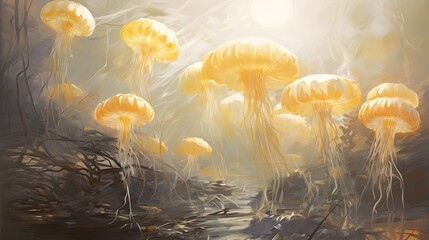  a painting of a bunch of yellow mushrooms floating in the air over a body of water with grass in the foreground.