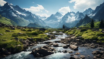 Majestic mountain peak in tranquil meadow, breathtaking beauty generated by AI