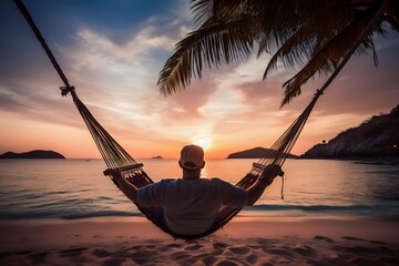 man relaxing in a hammock on the beach at sunset