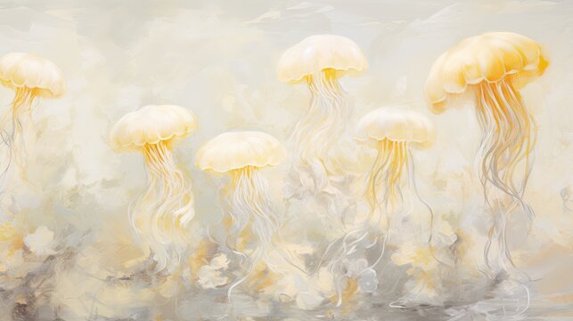  a painting of a group of jellyfish floating in the water with yellow and white paint on the bottom of the image.