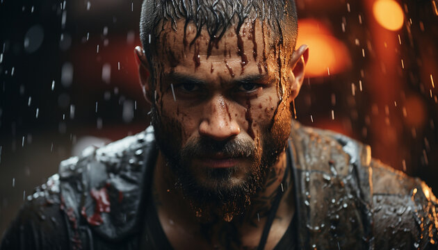 A wet man with a beard splashing in the rain generated by AI