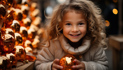 Naklejka premium Smiling girl holds Christmas ornament, enjoying festive season generated by AI