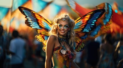 woman dressed up as a butterfly carnival festival costume