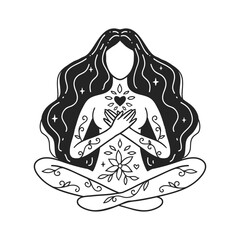 Self care, Meditation girl yoga. Feminine vector Illustrations. Mental Healthcare. The woman happiness. Card, valentines card. Doodle style