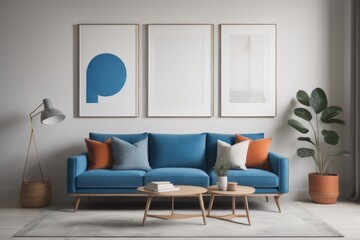 Blue sofa and terra cotta lounge chair against wall with two art posters Minimalist home interior design of modern living room 