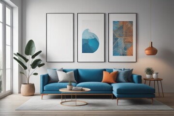 Blue sofa and terra cotta lounge chair against wall with two art posters Minimalist home interior design of modern living room 