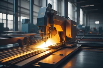 Foto op Plexiglas Cnc laser welding machine. Processing and laser cutting metal in the industrial factory. Digital programmed machine tools © Marko