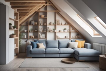 Corner sofa against shelving unit, scandinavian home interior design of modern living room in attic in farmhouse