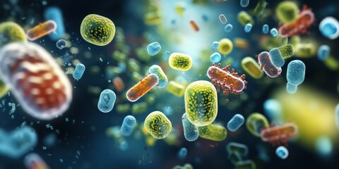 group of floating different kinds of microscopic bacteria or microbes for medical health tests or exams lab results or medicine scientific research and biology and microbiology concepts banner