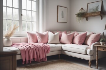 Cozy home place, pink and white pillows and blanket on sofa near window. French country, farmhouse interior design of modern living room