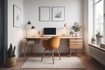 Fototapeta na wymiar Cozy home workplace with wooden drawer writing desk and fabric chair. Interior design of modern scandinavian home office