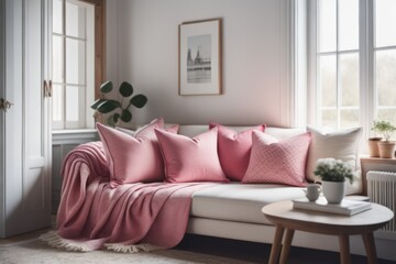 Cozy home place, pink and white pillows and blanket on sofa near window. French country, farmhouse interior design of modern living room